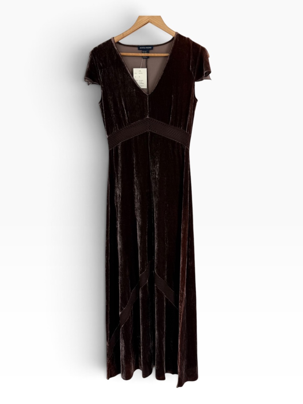 Boston Proper NWT Brown Velvet Maxi Dress Lace Trim Cutouts Size XS V-neck